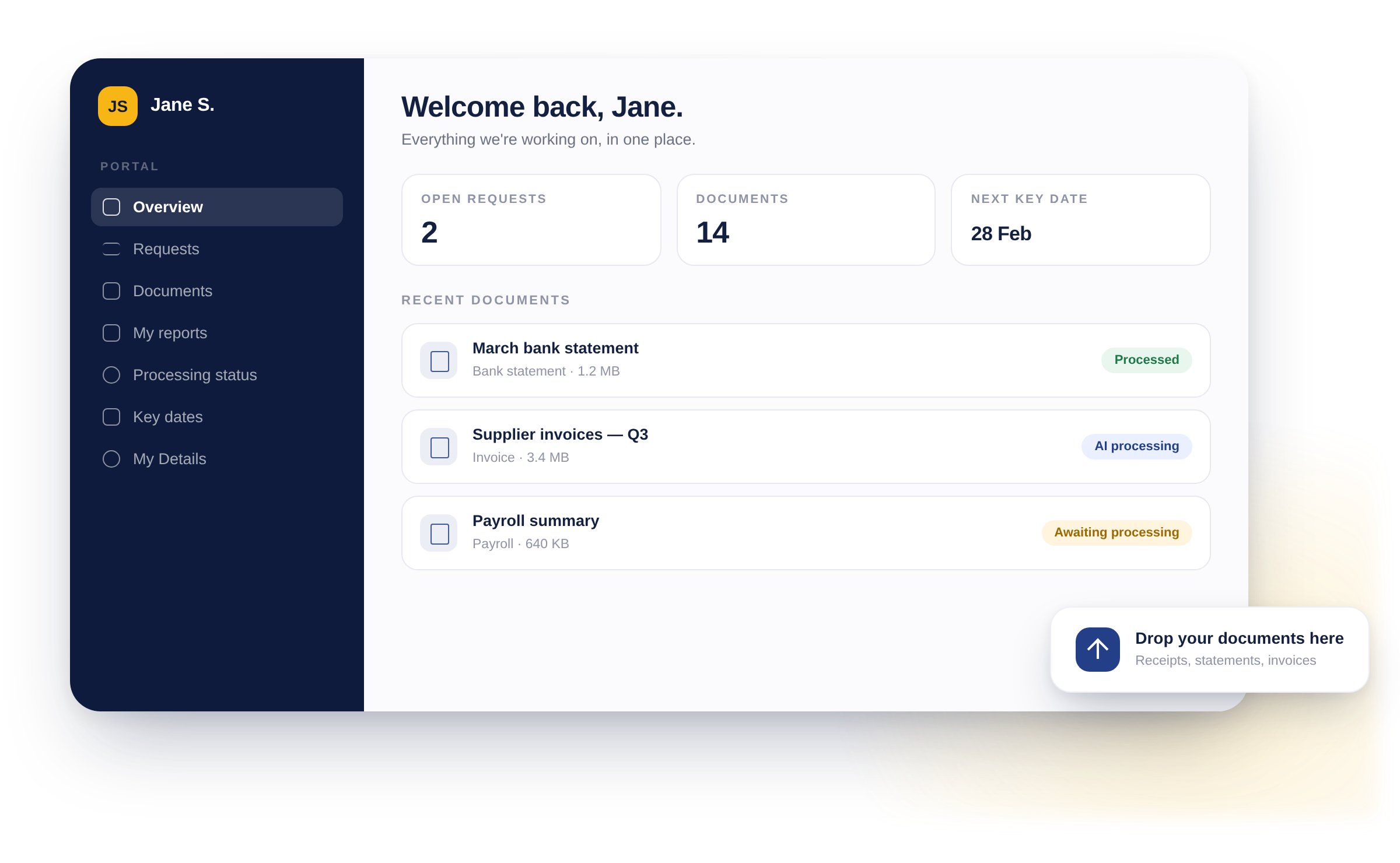 A preview of the USQ client portal, showing uploaded documents and their processing status